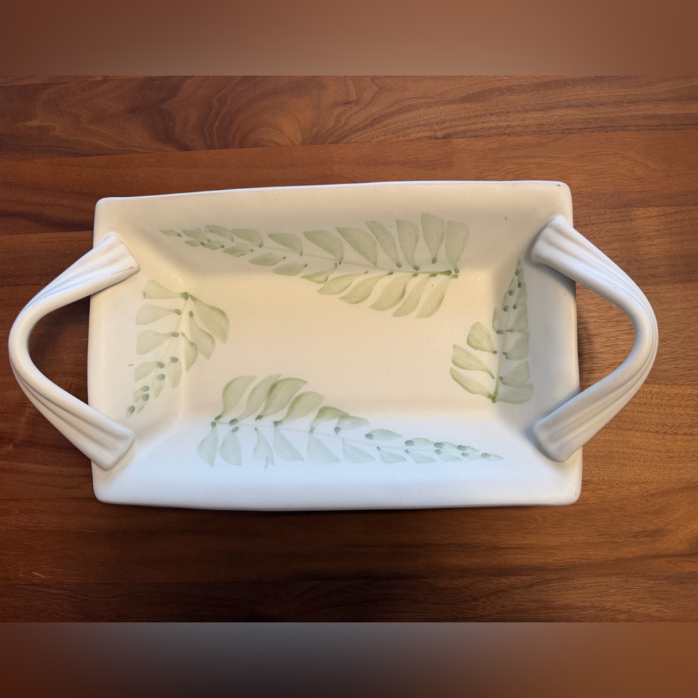 Handcrafted Ceramic Tray with Soft Green Fern Design. 12”x8”x2.75”. Never used.